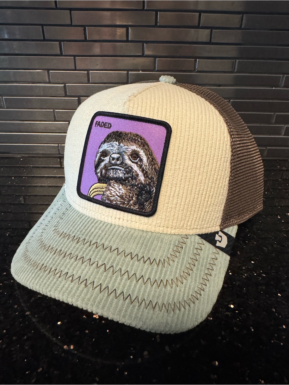 Goorin Bros Sloth 🦥 Patch Trucker Hat - Mint Green, Cream & Brown Corduroy